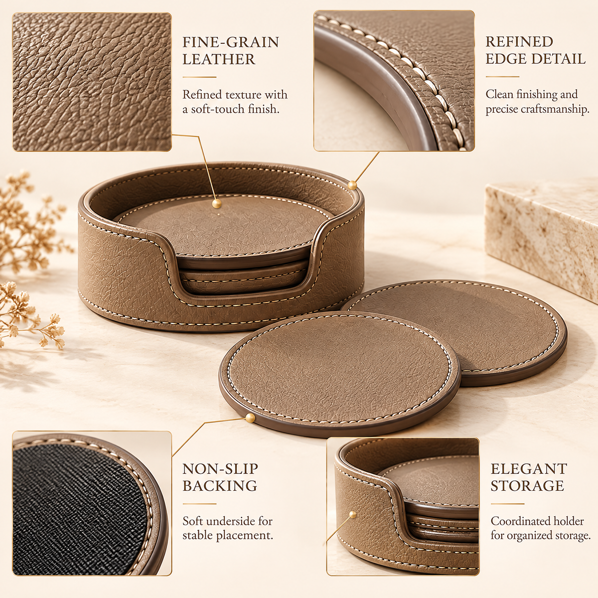 Varenlith™ Leather-Style Coaster Set with Holder
